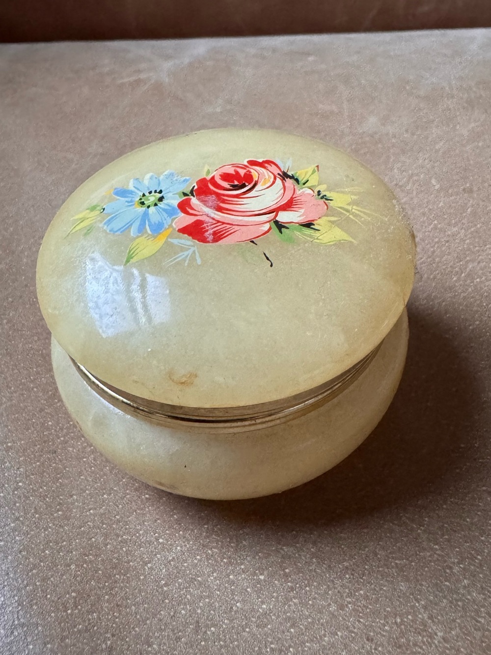 Hand Painted Floral Alabaster Trinket Box Cream with Red & Blue Flowers jewelry